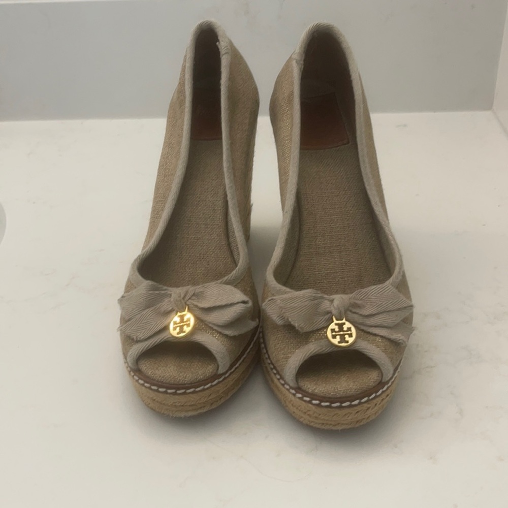 Tory Burch Jackie Peep Toe Espadrille Wedges US8